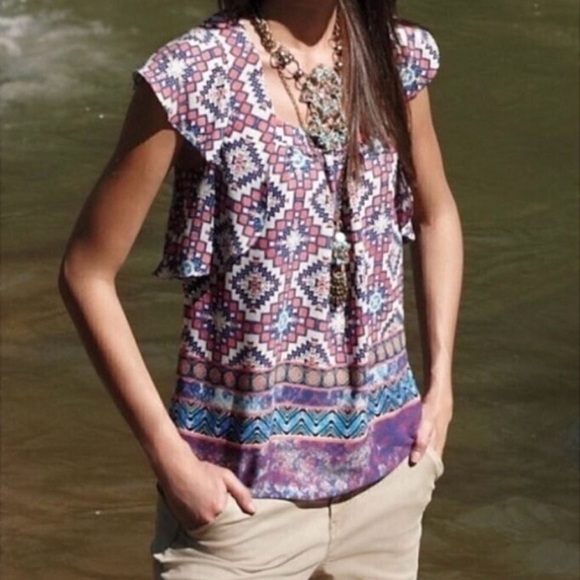 Meadow Rue Tops - Meadow Rue Geometric Print Blouse - Blue and Pink